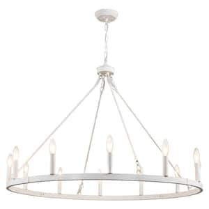 12-Light Vintage White Classic Wagon Wheel Chandelier for Living Room Dinning Room with No Bulbs Included