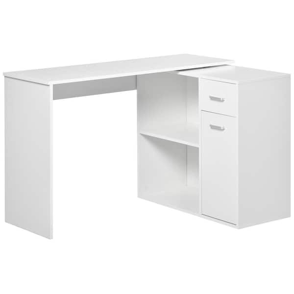 CSC DECOR INC 46 in. L-Shaped White Computer Desk 180° Rotating Writing Desk Corner Desk with Storage Shelves, Drawer and Cabinet