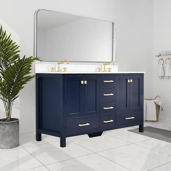 Bath Mist 60 in. W. Double Sink Freestanding Bath Vanity in Blue with White Engineered Top