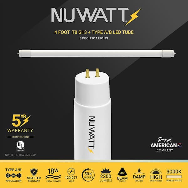 18-Watt 4 ft. LED Linear T8 Tube Light Bulb Type A&B Ballast Bypass Soft White 3000K (30-Pack)