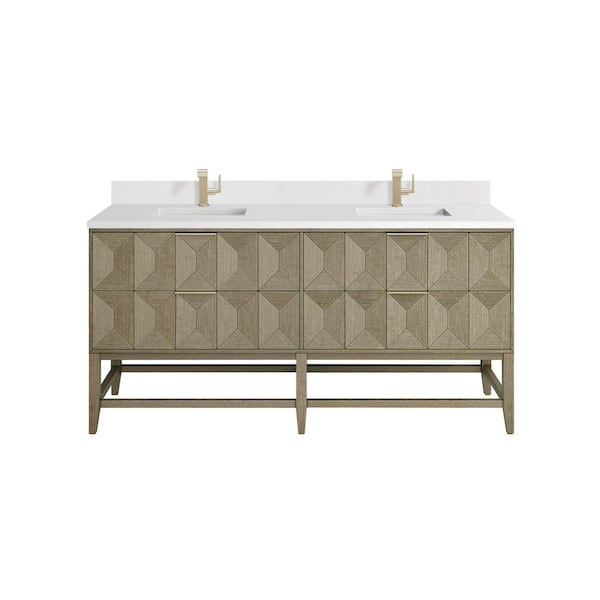 James Martin Vanities Emmeline 72.0 in. W x 23.5 in. D x 37.2 in. H Double Bathroom Vanity in Pebble Oak with White Zeus Quartz Top