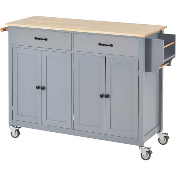 Blue Rolling Rubber Wood Top 54 in. W Kitchen Island Cart with Rubber ...