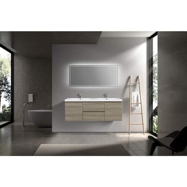 60 in. W Floating Double Sink Bath Vanity in Ash Grey with Gloss White Resin Top