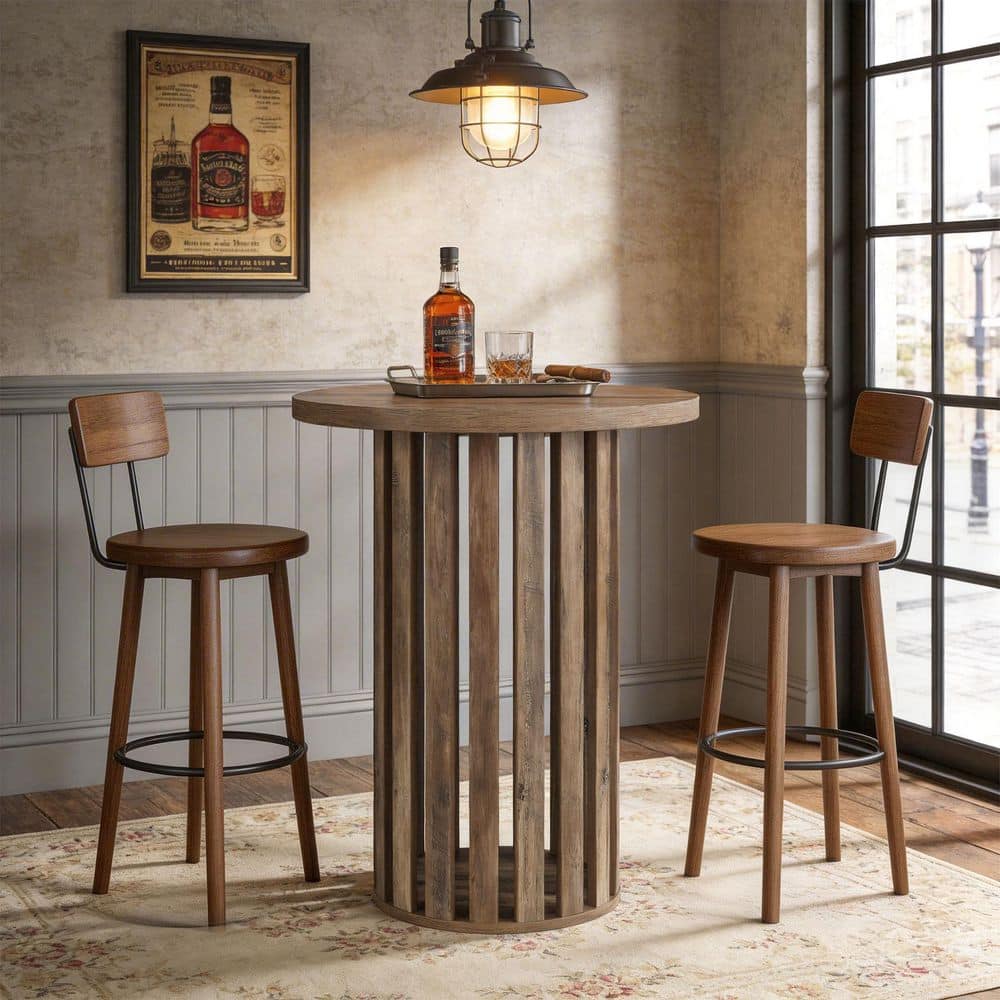 TRIBESIGNS WAY TO ORIGIN Rustic Brown 37.4 in. Round Wood Bar Table ...