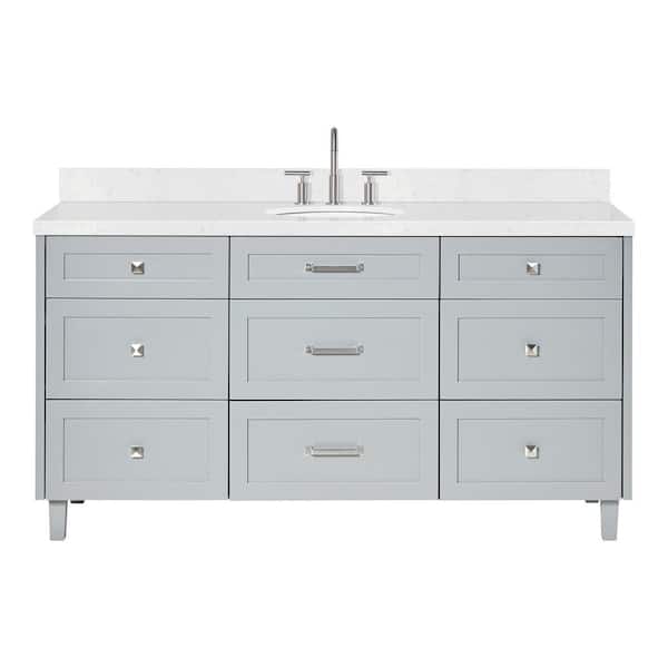 ARIEL Monroe 66 in. W x 22 in. D x 36 in. H Single Oval Sink Bath Vanity in Grey with Carrara White Quartz Top