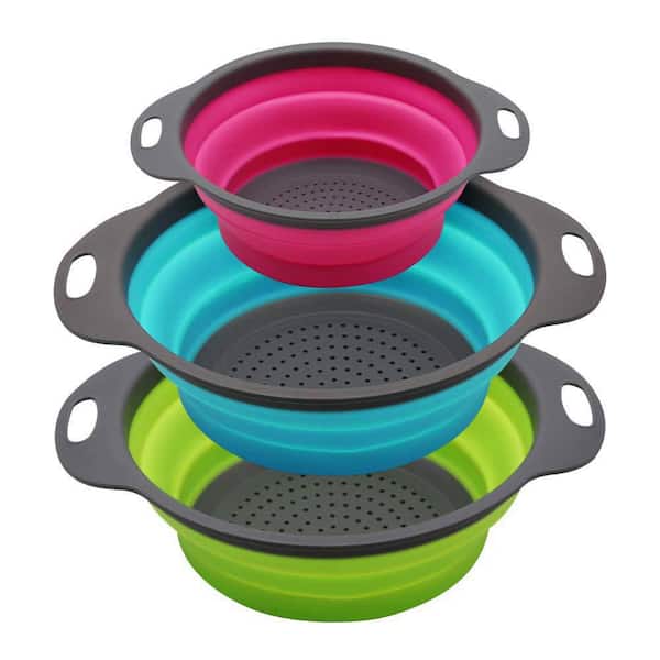 Round Silicone Collapsible Colander Set with 2 pcs 4 qt. and 1 pcs 2 qt. for Vegetable and Fruit, Green, Blue, Purple