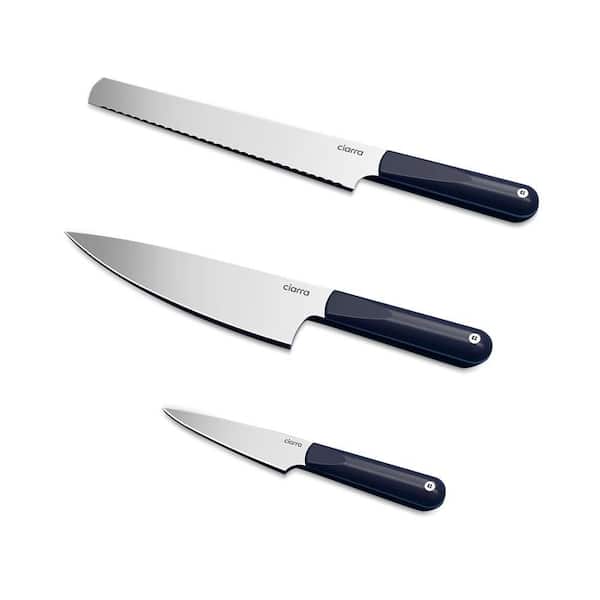 JEREMY CASS BigChef 3-Piece Stainless Steel Knife Set with Bread Knife, Chef Knife and Paring Knife, Ergonomic Handles in Dark Blue