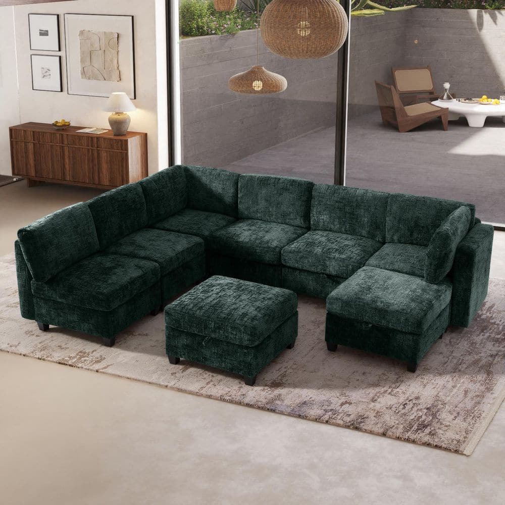 Claire 128 in. Square Arm 8-Piece Chenille Modular Convertible Sectional Sofa in. Antique Green with Storage, 2 Ottomans price history on PriceWatchPro