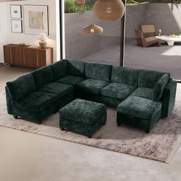Claire 128 in. Square Arm 8-Piece Chenille Modular Convertible Sectional Sofa in. Antique Green with Storage, 2 Ottomans