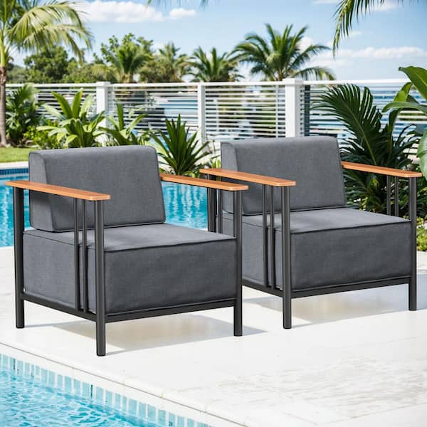 Minimalism 2-Piece Patio Metal Outdoor Lounge Chair with Dark Gray Cushions