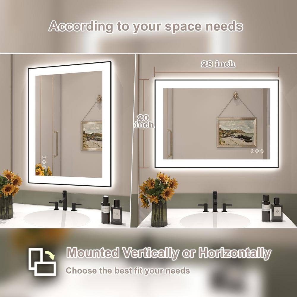 28" x 20" Black Aluminum Rectangular LED Bathroom Mirror