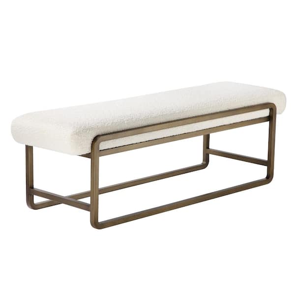Benjara 54 in. Ivory and Bronze Backless Bedroom Bench with Padded Cushioned Seat and Sled Legs