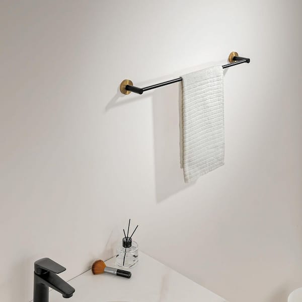 4-Piece Matte Black and Satin Brass Bathroom Accessories Set w/ Towel Bar Towel Hook Toilet Paper Holder and Towel Ring