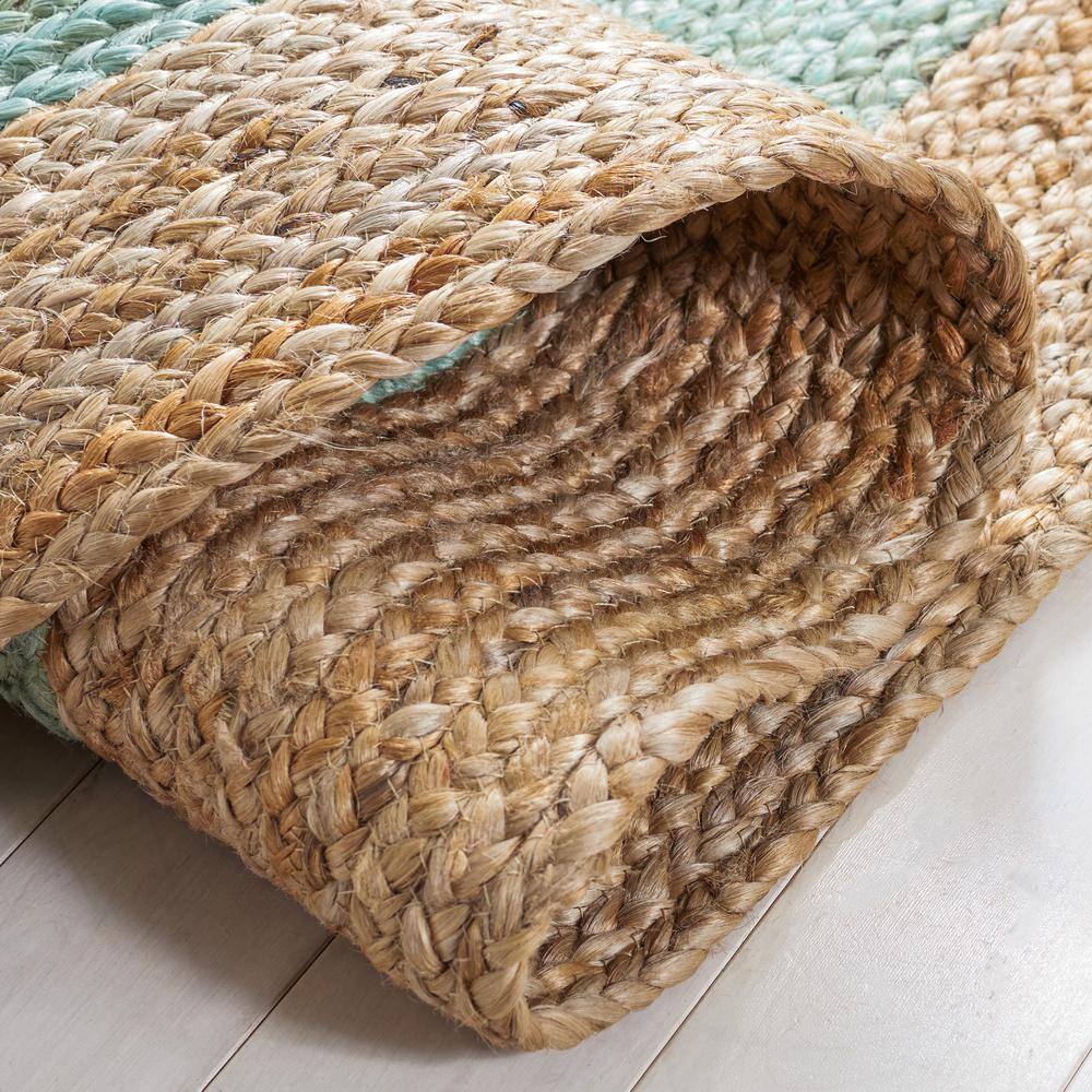 Aqua and Natural Round Braided Jute Rug, 4' Diameter