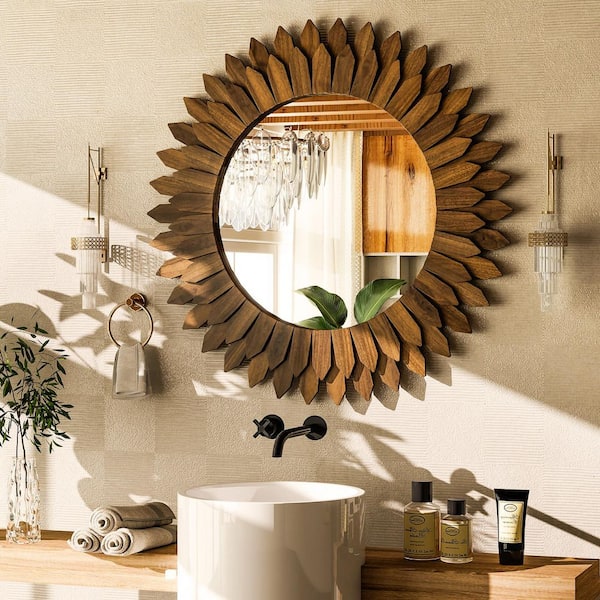Dark Brown 24 in. W x 24 in. H Sunburst Wood Framed Vanity Mirror Wall Mirror