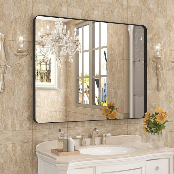 40 in. W x 32 in. H Premium Aluminum Framed Rectangular Bathroom Vanity Wall Mirror in Matte Black