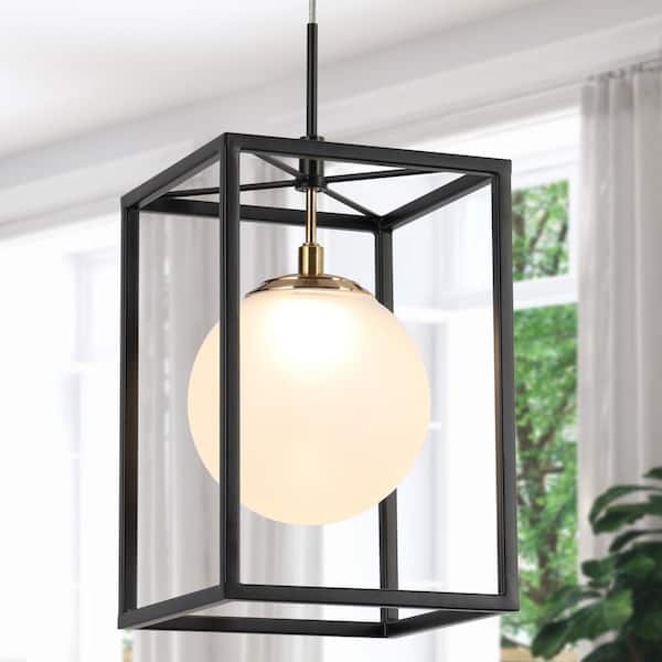 Zevni Swane 6 in. Integrated LED Black Mini Pendant Light, Frosted Glass Globe Pendant Hanging Light, Modern Brass Chandelier