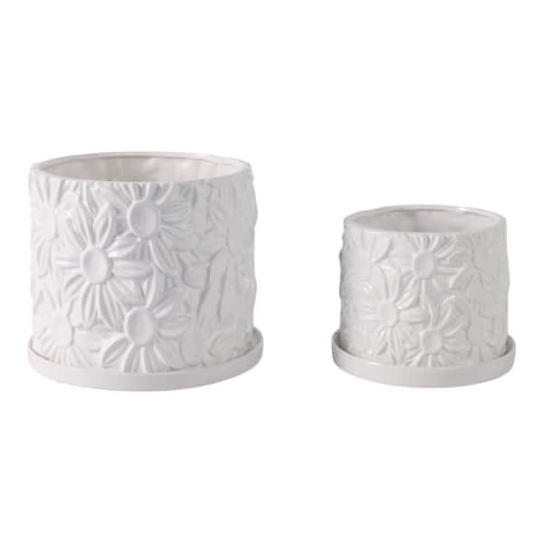 6 in. and 8 in. White Ceramic Round Daisy Flower Decorative Pots (Set of 2)