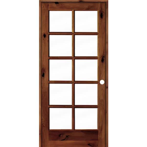 Krosswood Doors 36 in. x 80 in. Knotty Alder Left-Handed 10-Lite Clear Glass Red Chestnut Stain Wood Single Prehung Interior Door