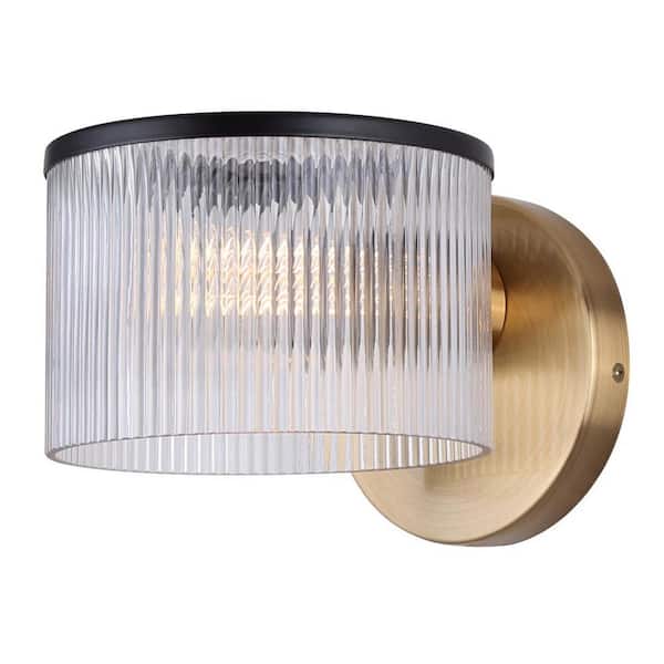 CANARM Jenner 7 in. 1-Light Matte Black and Gold Wall Sconce with Clear Ribbed Glass Shade