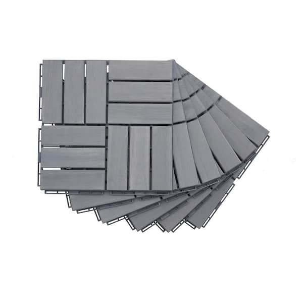 12 in. x 12 in. Acacia Wood Interlocking Deck Tiles, 12-slat Pattern Outdoor Floor Tiles in Grey(10-Pack)