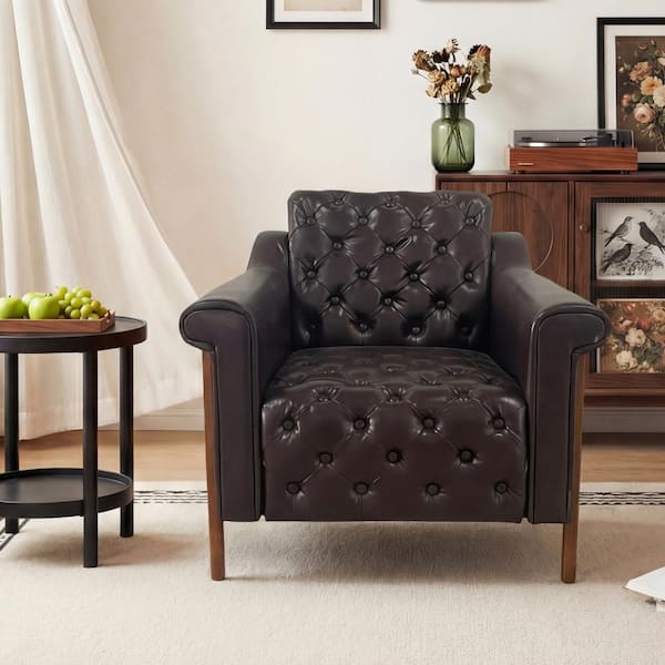 Mid-Century PU Leather Accent Chair,Button-Tufted Armchair with Solid Wood Legs for Living Room Brown