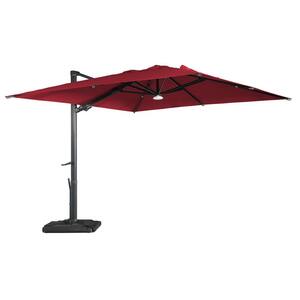 10 ft. Square Aluminum Cantilever Outdoor Tilt Patio Umbrella in Red with Bluetooth LED Light Base Weight Stand