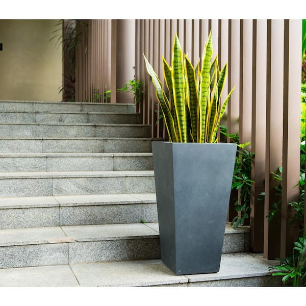 24.4 in. Tall Charcoal Lightweight Concrete Rectangle Modern Tapered  Outdoor Planter