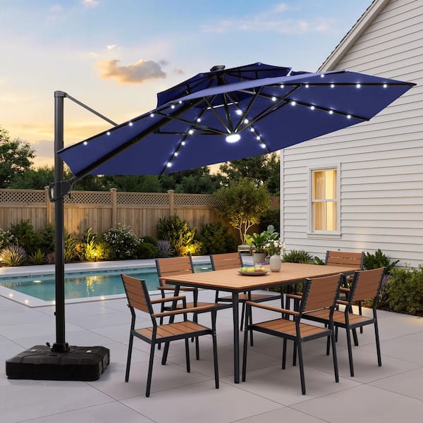 11 ft led solar patio umbrella withh tilt Lighted 11FT 3-Tier, UV-Resistant Market Umbrella with Adjustment, Large Outdoor Sun Shade for Yard, Poolside, Deck - 8 Ribs, Polyester Fabric The polyester canopy with PU coating shields against UV 30 plus rays 11' LED Solar Round Cantilever