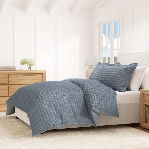 FRESHFOLDS Blue 100% Cotton Textured 3-Piece King / California King Duvet Set with Shams