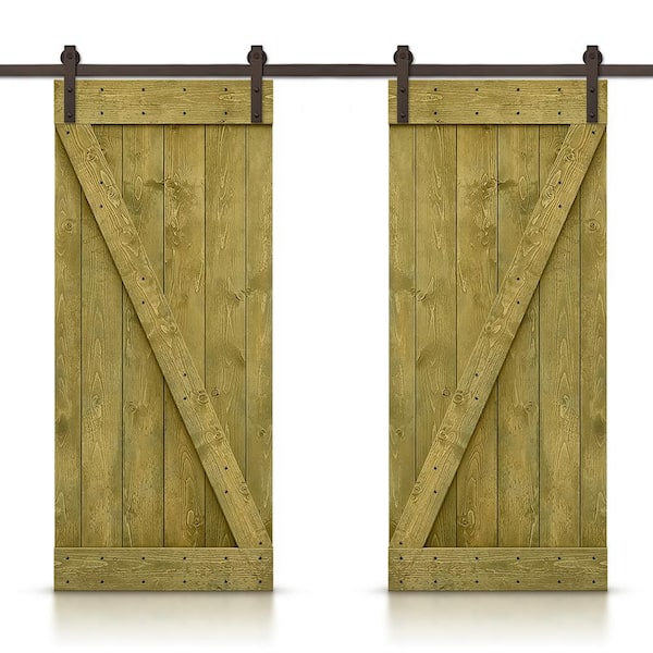 CALHOME Z 88 in. x 84 in. Bar Jungle Green Stained DIY Solid Pine Wood Interior Double Sliding Barn Door with Hardware Kit