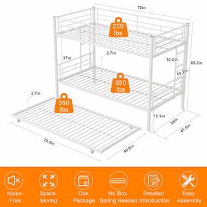 Bunk Bed with Trundle, Twin over Twin Metal Bunkbeds with Ladder and Full-Length Guardrail, Noise Free, White