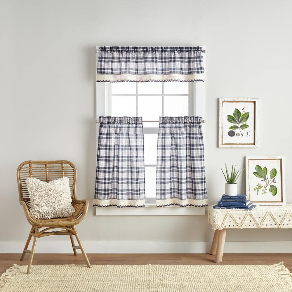 Navy Plaid Cotton Polyester Light-Filtering Rod Pocket Tier Curtains
