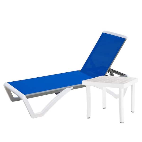 Sudzendf Metal Outdoor Patio Chaise Lounge with Adjustable Backrest in Blue (1 Lounge Chair Plus 1 Plastic Table) (Set of 2)