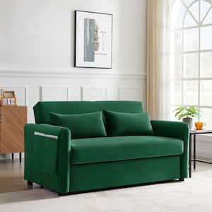 55 in. Width Green Velvet Twin Sofa Bed with Adjustable Backrest and 2 Pillows