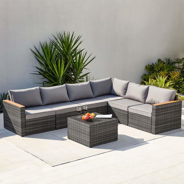 6-Piece Gray Wicker Outdoor Patio Sectional Sofa Conversation Set with Gray Cushions, 1 Side Table and 2 Ottomans
