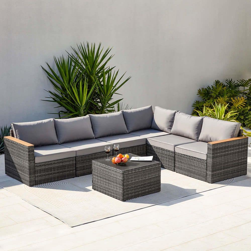 6-Piece Gray Wicker Outdoor Patio Sectional Sofa Conversation Set with Gray Cushions, 1 Side Table and 2 Ottomans price history on PriceWatchPro