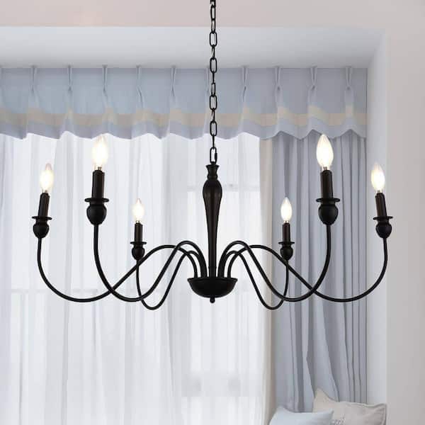 6-Light Matte Black Farmhouse Candle Style Chandelier for Dining Room, Kitchen Island and Bedroom with No Bulbs Included