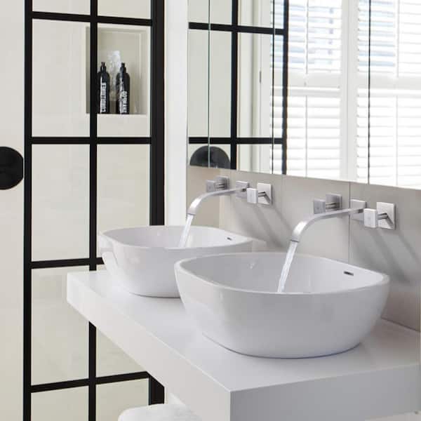 Double Handle 3 Holes Wall Mounted Brass Waterfall Bathroom Sink Faucet and Rough-in Valve Included in Bruhsed Nickel