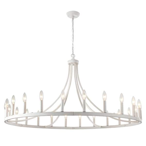 47 in. 24-Light Distressed White Rustic Farmhouse Candle Wagon Wheel Chandelier w/ 59 in. Metal Chain for Restaurant Bar