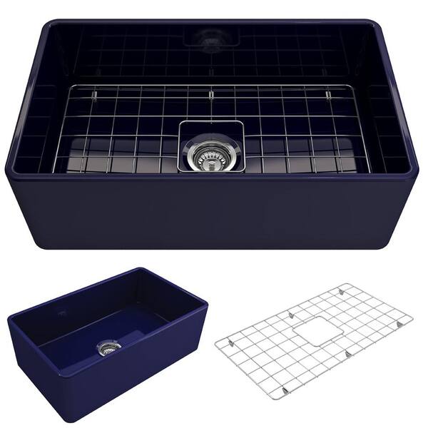 BOCCHI Classico Sapphire Blue Fireclay 30 in. Single Bowl Farmhouse Apron Front Kitchen Sink with Bottom Grid and Strainer