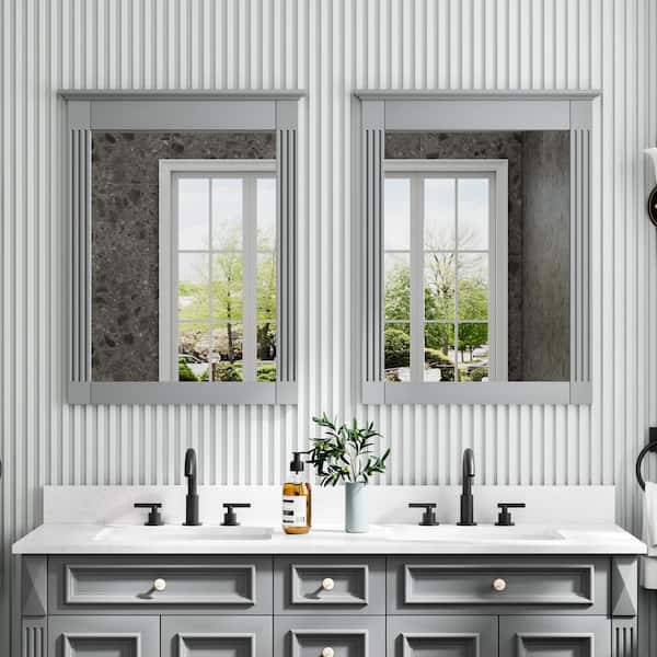 2-Piece 26 in. W x 33 in. H Medium Rectangular Solid Wood Framed Wall Bathroom Vanity Mirror Titainum Gray
