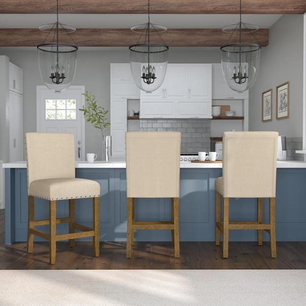 Homepop 25 in. Flax High Back Wood Bar Stool Counter Stool with Polyester Seat with Nailheads 1-Stool
