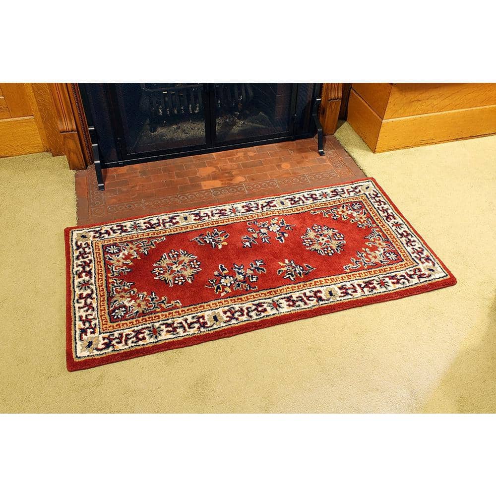 Elegant Burgundy Oriental Hearth Rug in Handmade Wool, 56"x26"