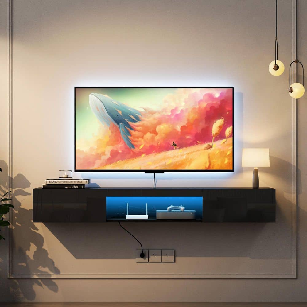 63 in. W Black Floating Wall Mounted TV Stand Fits TV's up to 65 in. with LED Lights, Entertainment Center Cabinet