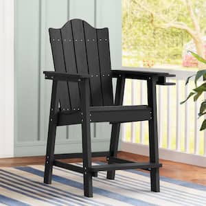 Felder Black Recycled Poly Weather Resistant Tall Plastic Adirondack Outdoor Bar Stool With Cup Holder For Patio Pool