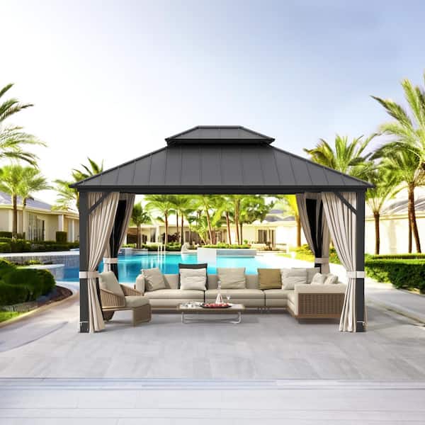 Grant 12 ft. x 14 ft. Black Hardtop Aluminum Outdoor Gazebo With Galvanized Steel Double Roof Curtain Netting