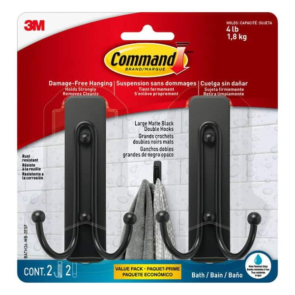 Command Large Metal Bath J-Hooks in Matte Black (2 Hooks, 2 Strips ...