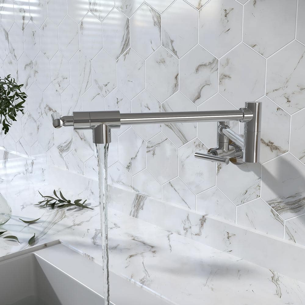 Polished Chrome Wall-Mounted Pot Filler Faucet with Double Joint Swing Arm