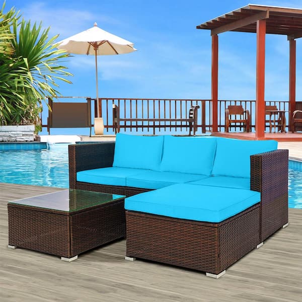 Wateday Patio Dark Grey 5-Piece Wicker Patio Conversation Set with Blue Cushions
